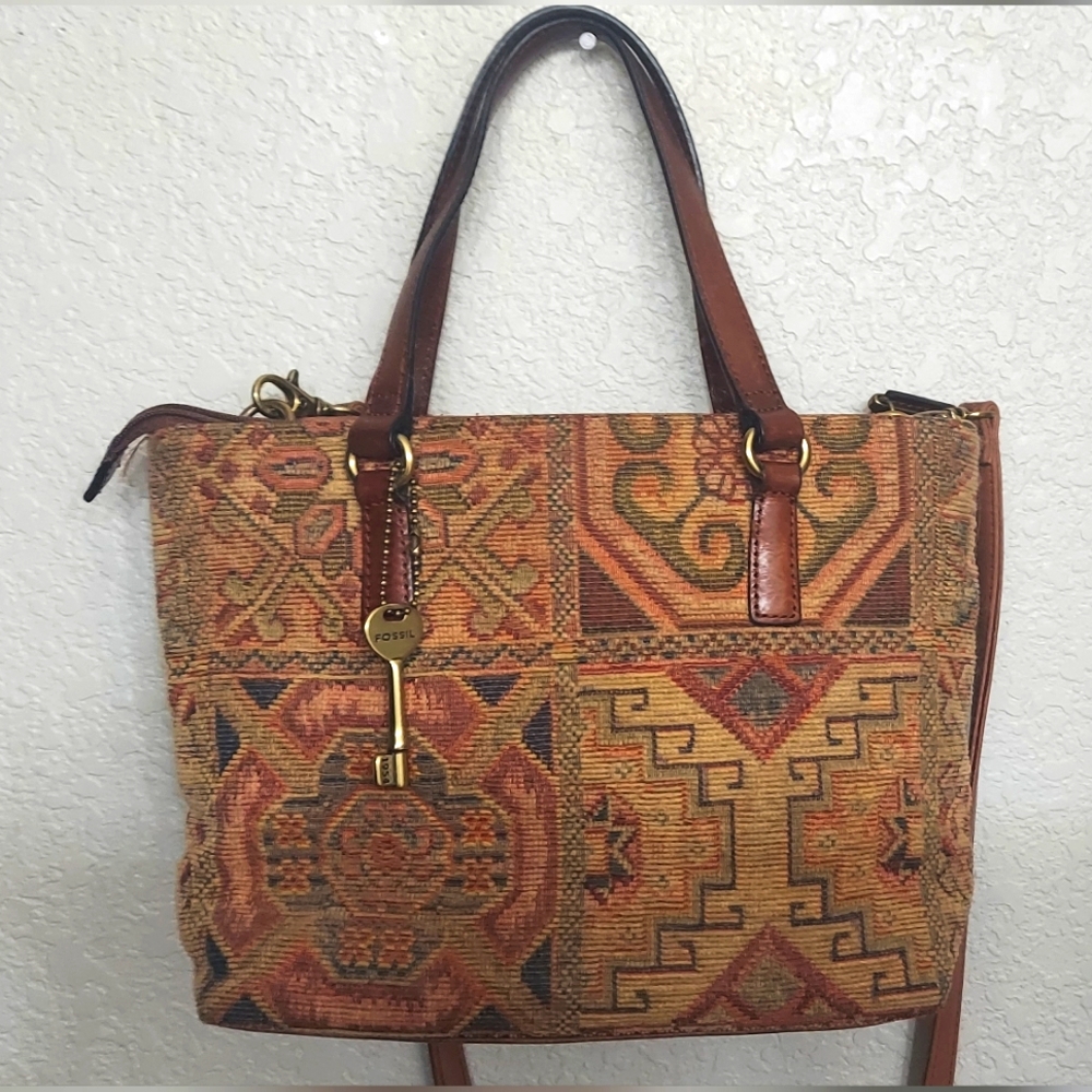 Vintage 90's Y2k Fossil Textile Top Handle Handbag- Leather Trim Crossbody Purse